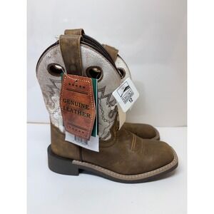 Smoky Mountain Kids Brown Leather Cream Embroidered Cowboy Boots 3108C Size 12 R